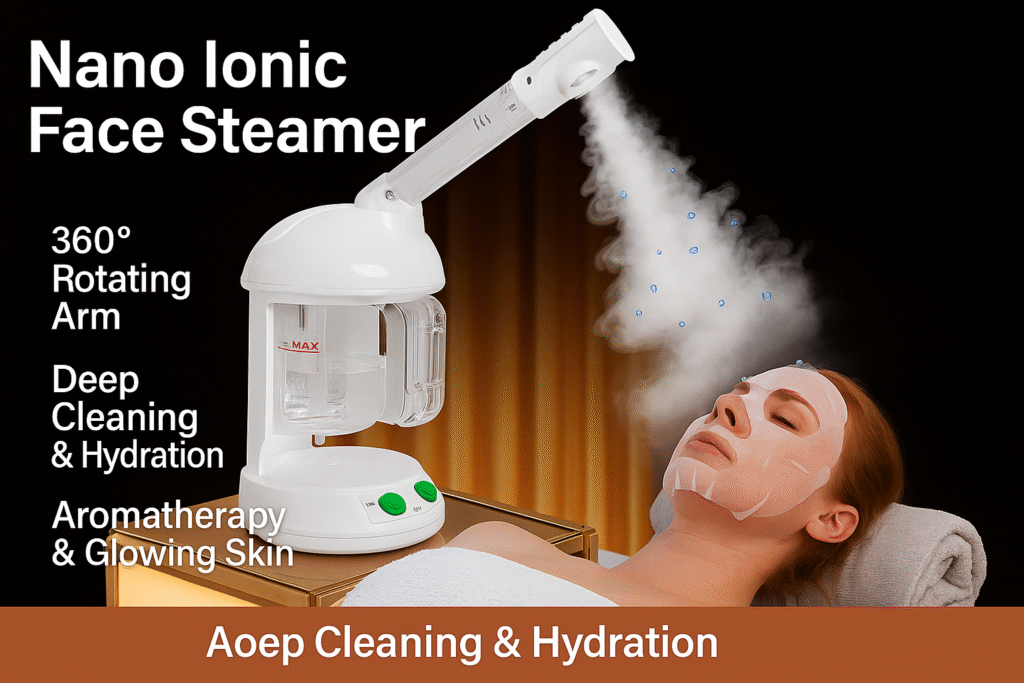"Woman enjoying Nano Ionic Face Steamer with 360° rotating arm and warm mist for deep pore cleansing, facial hydration, and aromatherapy skincare treatment at home."